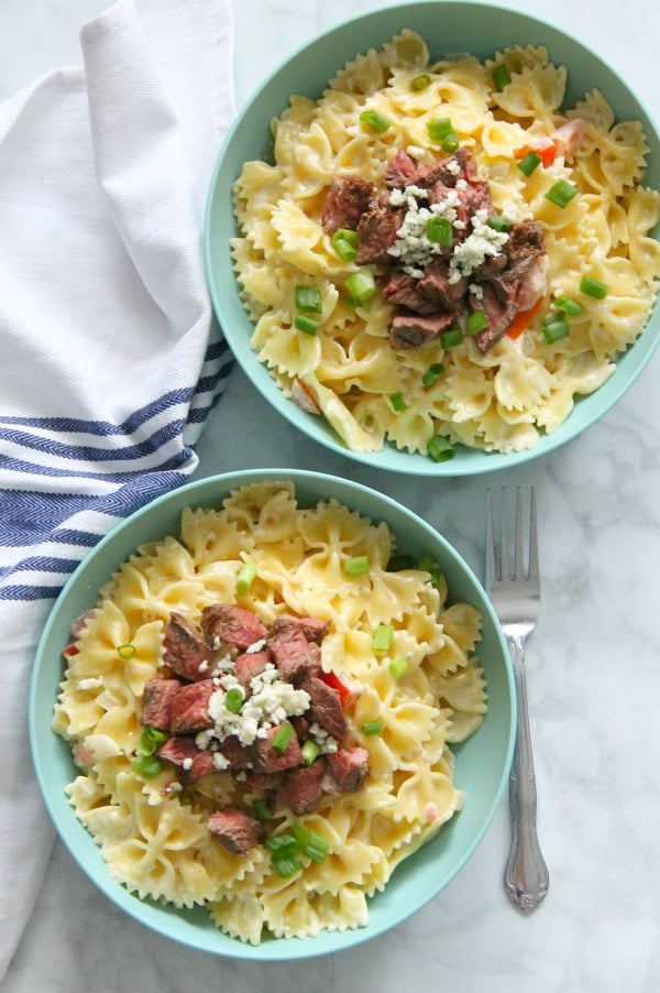 Steak Gorgonzola Pasta in blue bowl