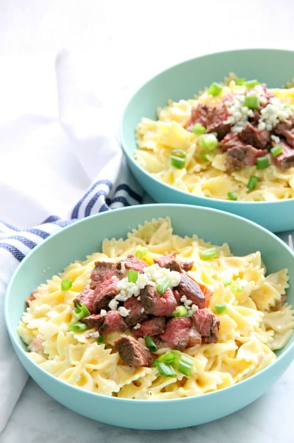 Steak Gorgonzola Pasta in blue bowl