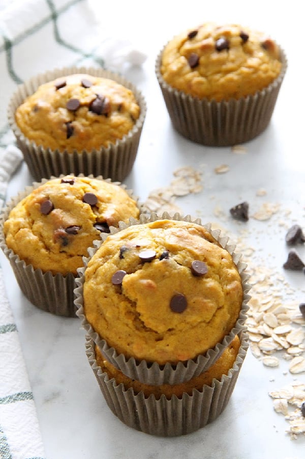 Chocolate Chip Pumpkin Muffins on white background