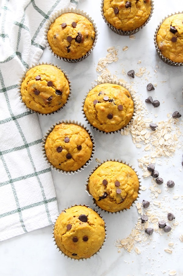 Chocolate Chip Pumpkin Muffins on white background