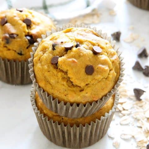 Chocolate Chip Pumpkin Muffins on white background