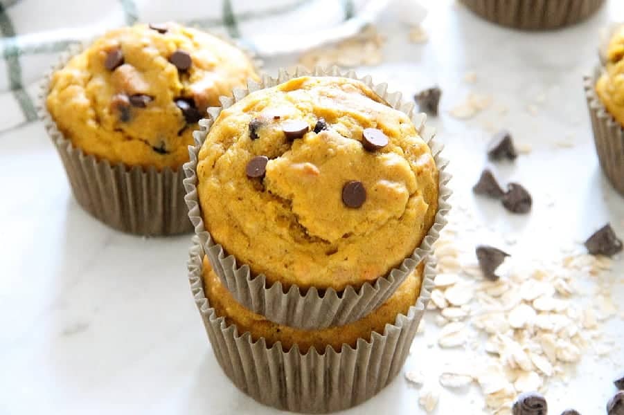 Chocolate Chip Pumpkin Muffins on white background