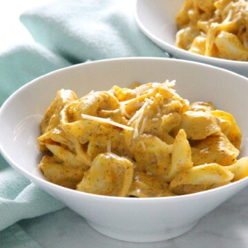 Creamy Pumpkin Tortellini in white bowl