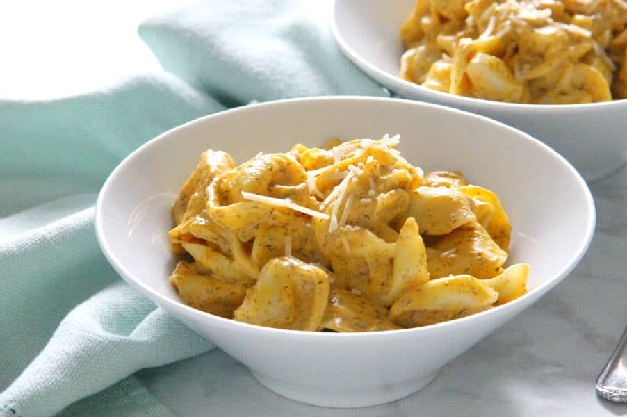 Creamy Pumpkin Tortellini in white bowl