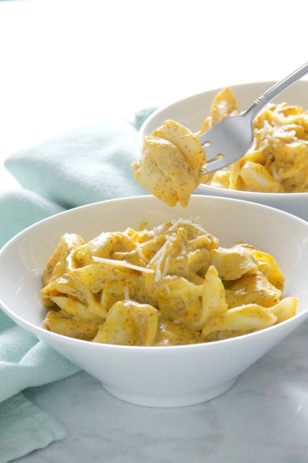 Creamy Pumpkin Tortellini in white bowl