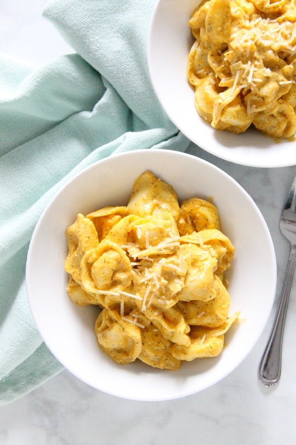 Creamy Pumpkin Tortellini in white bowl