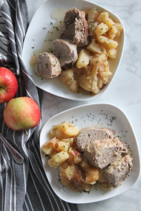  Instant Pot Pork Tenderloin with Apples and Onions on white plate