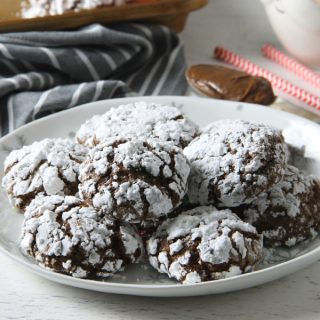 Chocolate Hazelnut Crinkle Cookies on white plate