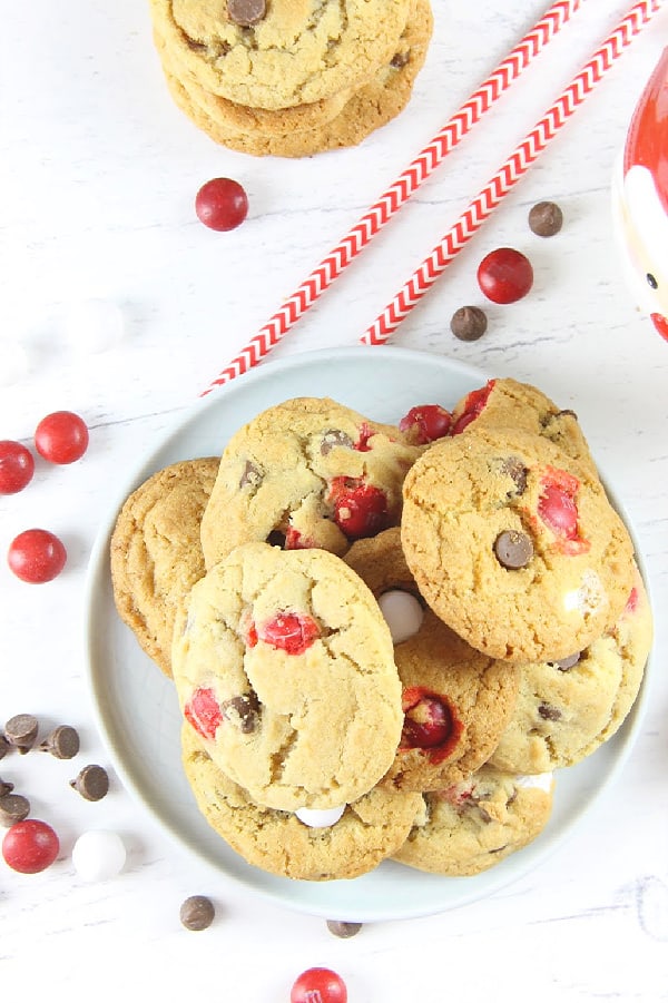 Peppermint Chocolate Chip Cookies on a white plate