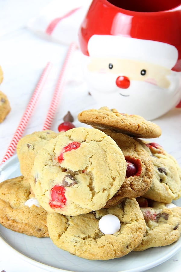 Peppermint Chocolate Chip Cookies on white plate