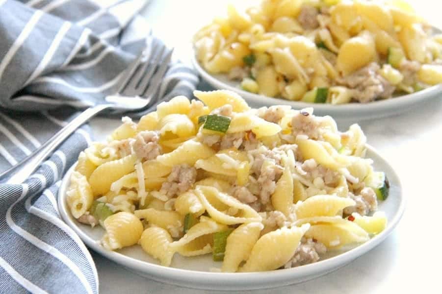 Spicy Sausage Zucchini Pasta on white plate