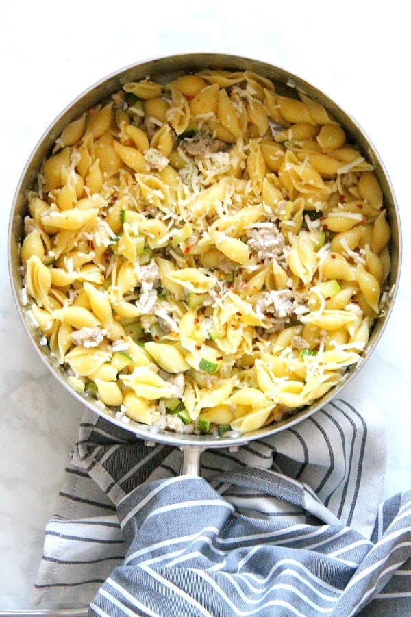 Spicy Sausage Zucchini Pasta in pan