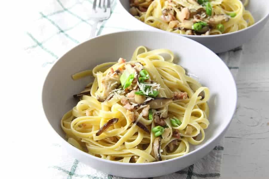 Pancetta and Mushroom in white bowls