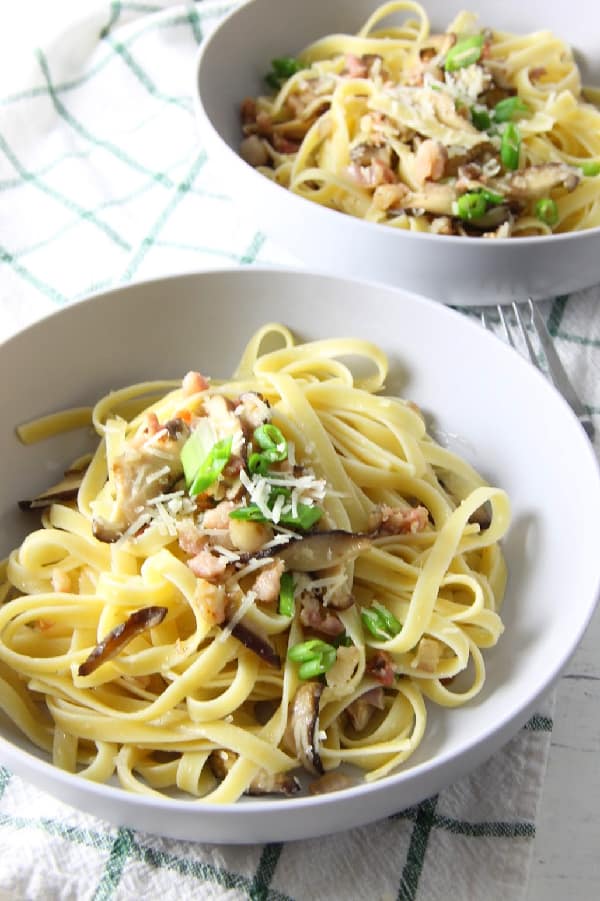 Pancetta and Mushroom in white bowls