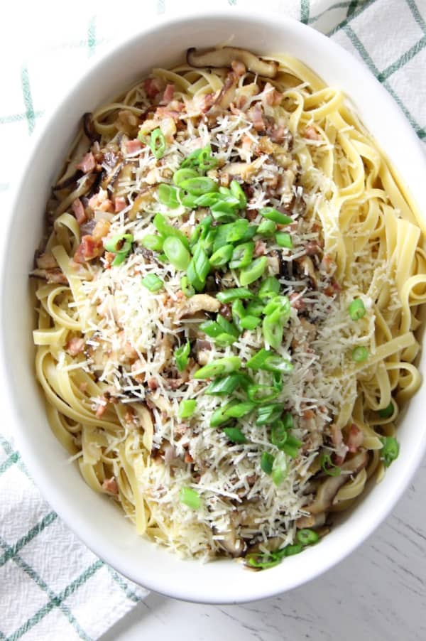 Pancetta and Mushroom Fettuccine in white bowl