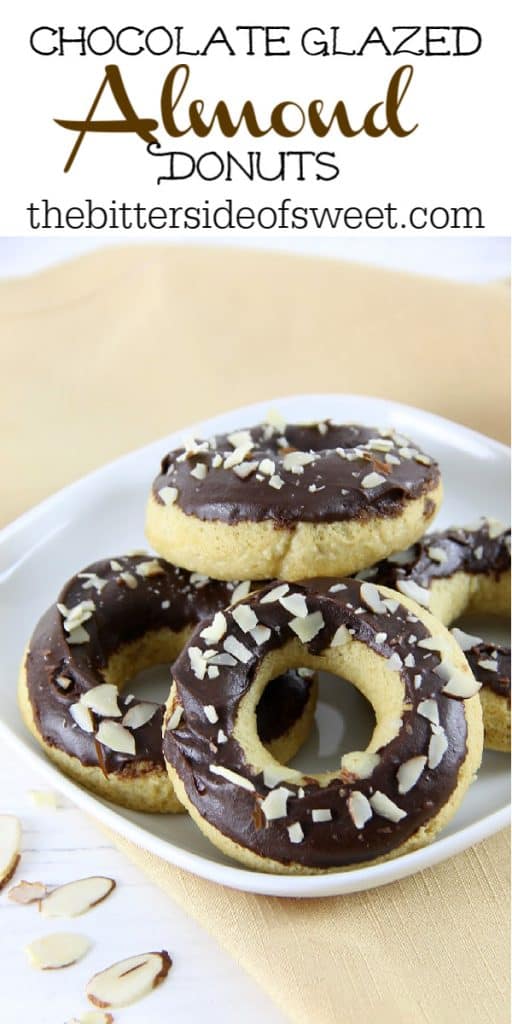 Chocolate Glazed Almond Donuts on white plate