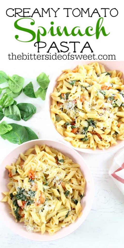 Creamy Tomato Spinach Pasta is what's for dinner tonight! It's full of fresh flavors, like tomato and spinach, and ready in minutes. Creamy Tomato Spinach Pasta in bowl