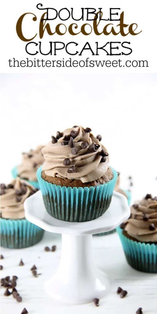 Double Chocolate Cupcakes on white cupcake stand