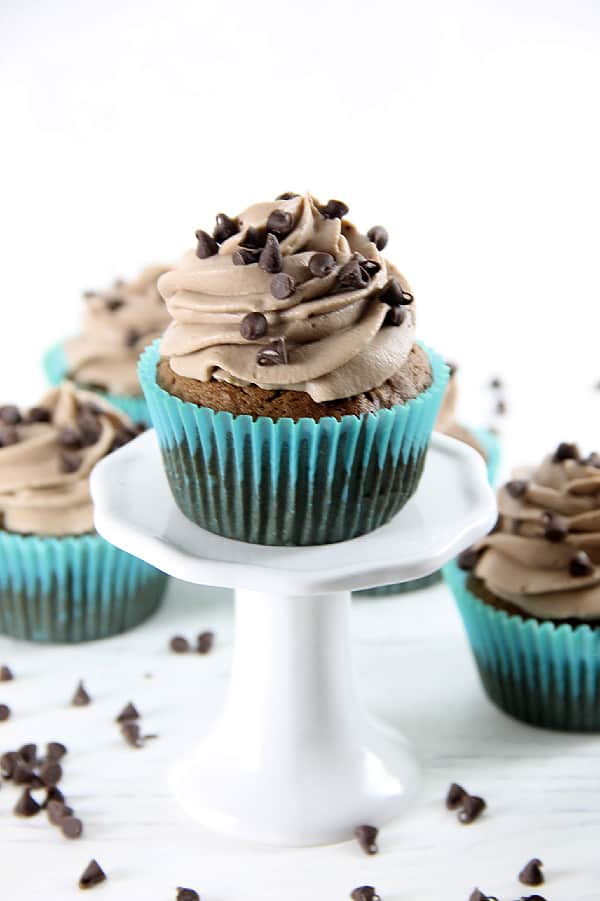 Double Chocolate Cupcakes on white cupcake stand