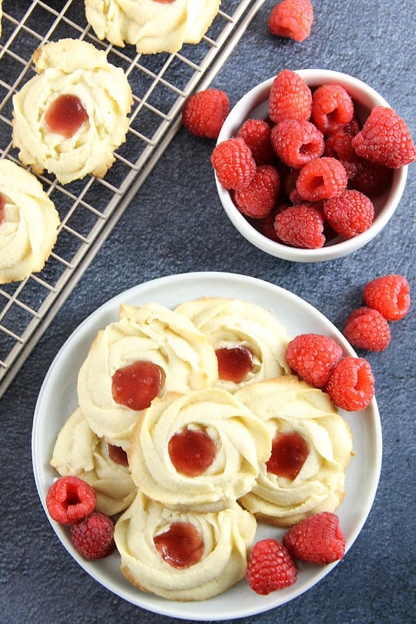 Raspberry Butter Cookies on blue background