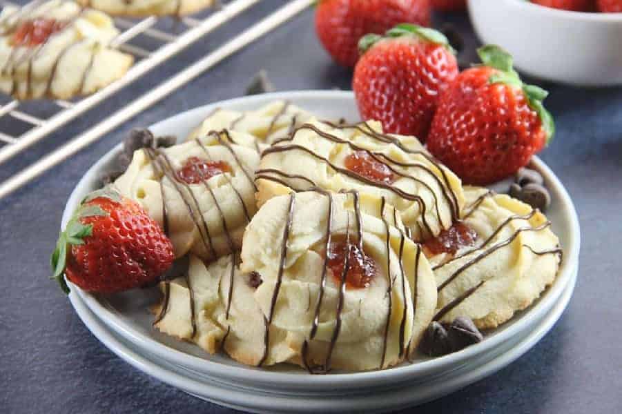 Strawberry Chocolate Butter Cookies on white plate