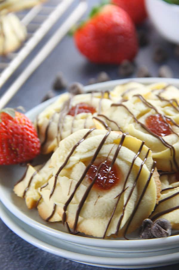 Strawberry Chocolate Butter Cookies on white plates