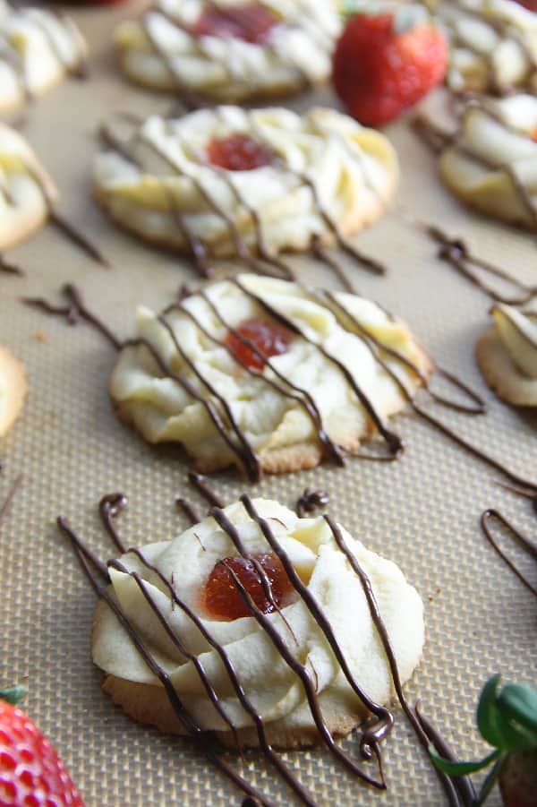 Strawberry Chocolate Butter Cookies on brown background