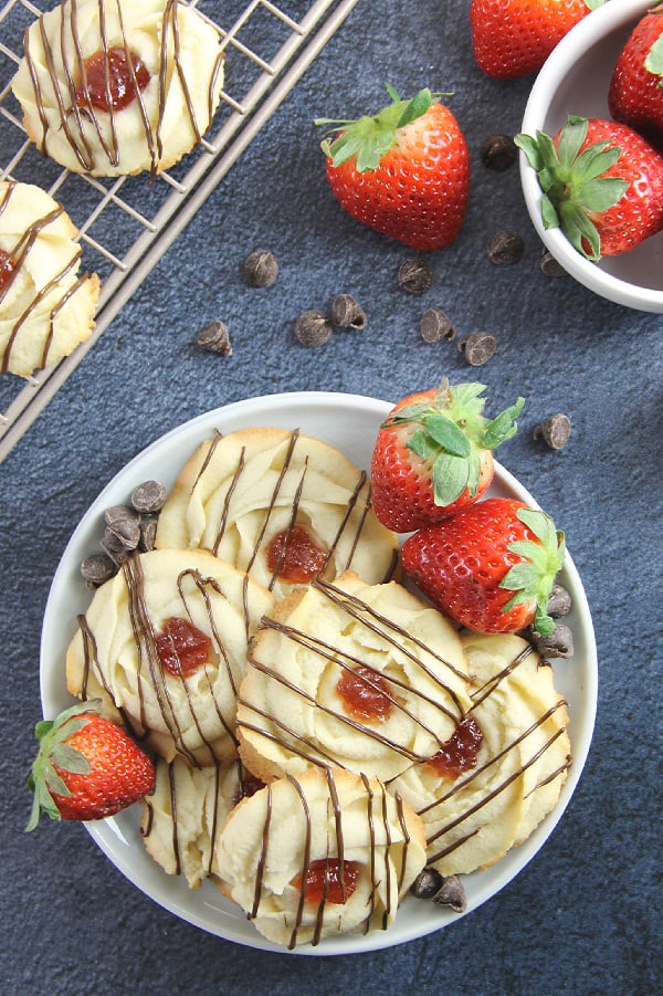 Strawberry Chocolate Butter Cookies on white plate