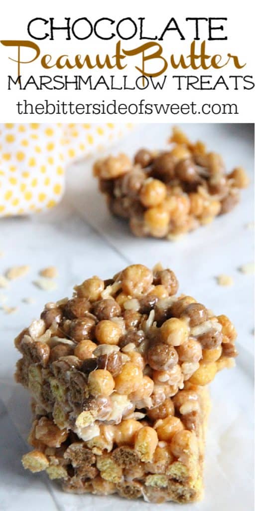 Chocolate Peanut Butter Marshmallow Treats on white background