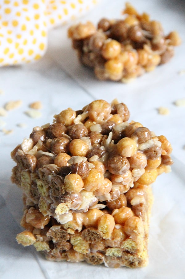 Chocolate Peanut Butter Marshmallow Treats on white background