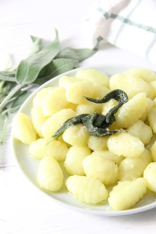 Sage Butter Gnocchi on white plate