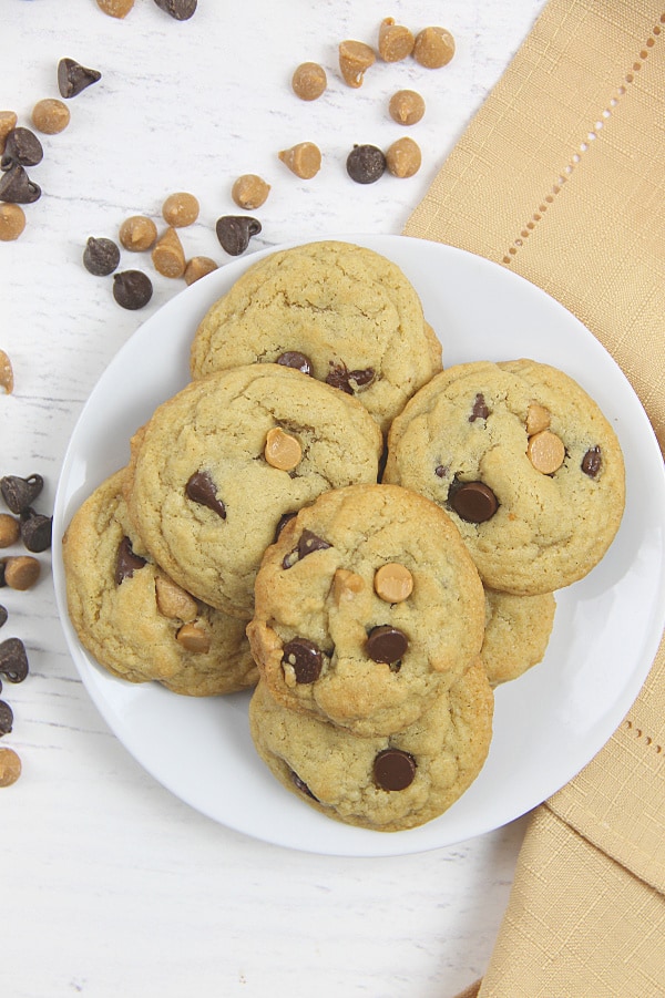 Peanut Butter Chocolate Chip Cookies on white plate