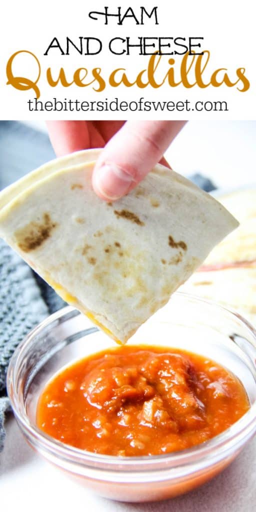 Ham and Cheese Quesadillas dipped in salsa