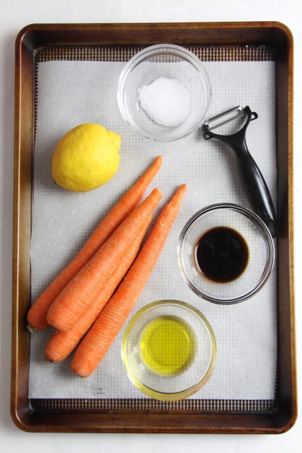 Lemon Carrot Salad on sheet pan with ingredients