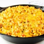 Cheesy Macaroni Pasta Bake finished in skillet