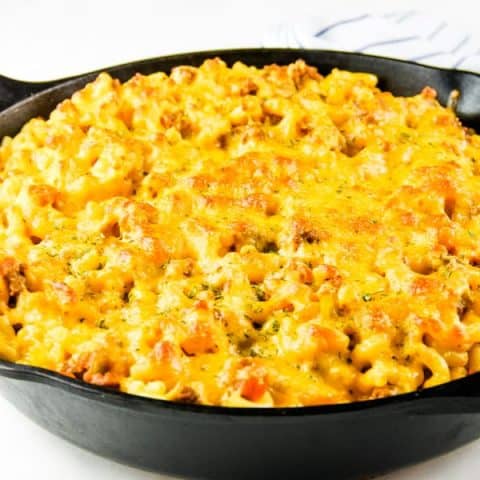 Cheesy Macaroni Pasta Bake finished in skillet