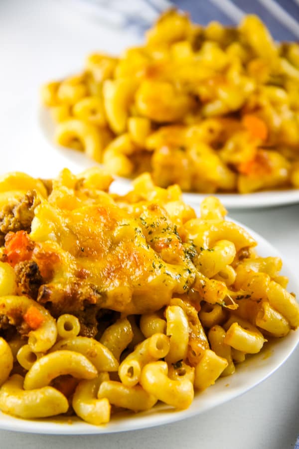 Cheesy Macaroni Pasta Bake on white plate