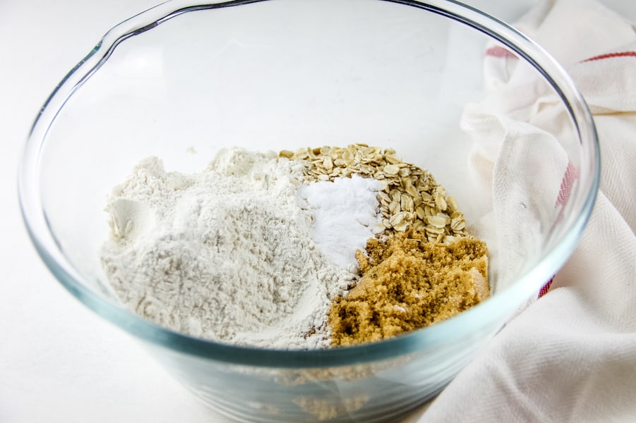 Strawberry Oatmeal Muffins dry ingredients in glass bowl