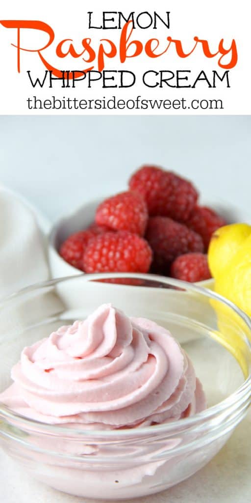 Lemon Raspberry Whipped Cream in glass bowl with raspberries in the background