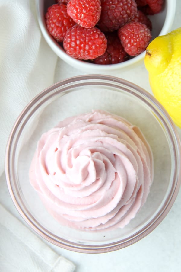 Lemon Raspberry Whipped Cream overhead view in glass bowl