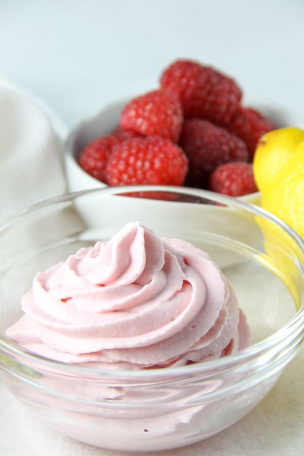 Lemon Raspberry Whipped Cream in glass bowl