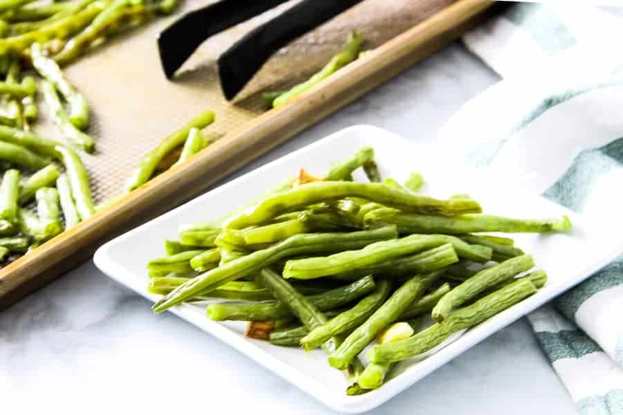 Sheet Pan Roasted Green Beans on white plate