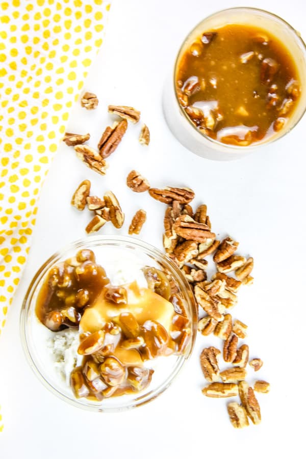 Butter Pecan Sauce overhead view of bowl with sauce over ice cream