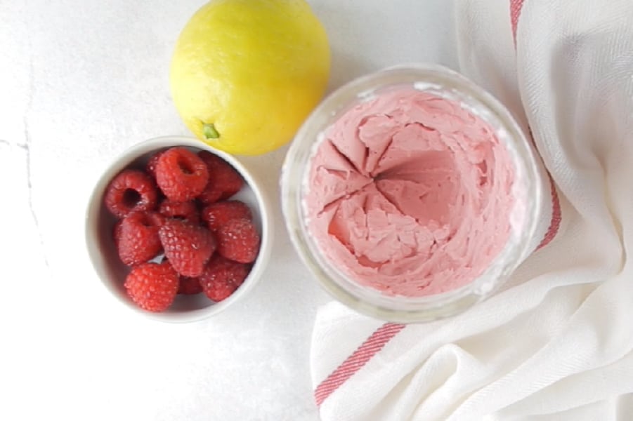 lemon raspberry whipped cream in glass jar