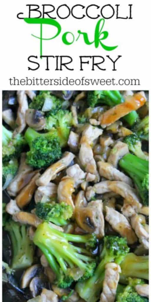 Broccoli Pork Stir Fry close up with broccoli, mushrooms and pork.