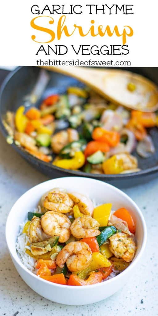 Garlic Thyme Shrimp and Veggies in white bowl on grey background