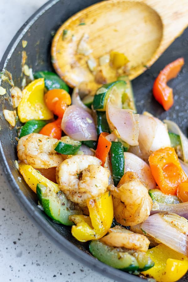 Garlic Thyme Shrimp and Veggies in sautee pan