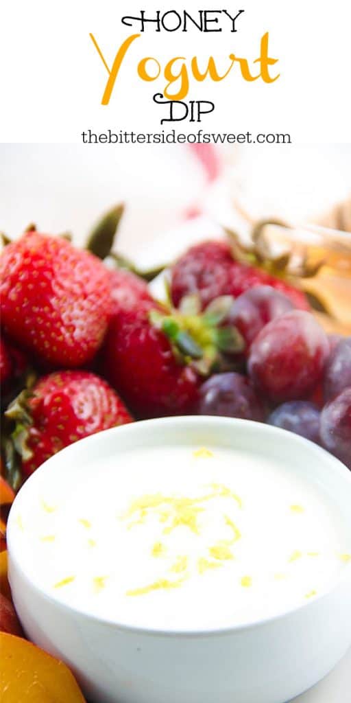 Honey Yogurt Dip in white bowl topped with lemon zest.