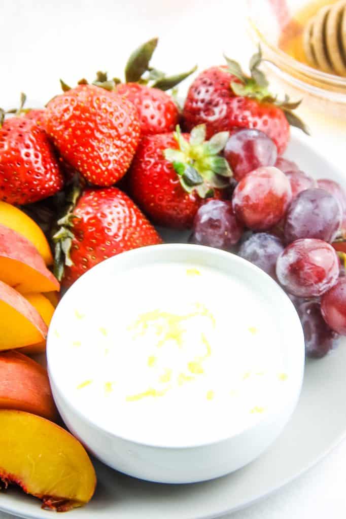 Honey Yogurt Dip on plate with fruit