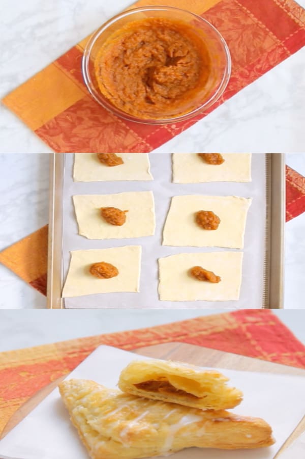 Pumpkin Pie Turnovers ingredients with pumpkin filling in bowl. Pumpkin filling spooned on puff pastry. Pastry cut in half to view the inside